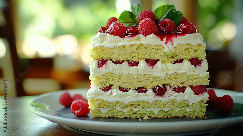 A close-up of a slice of cake on a plate with fresh raspberries scattered across the top A close-up of a slice of cake on a plate with fresh raspberries scattered across the top