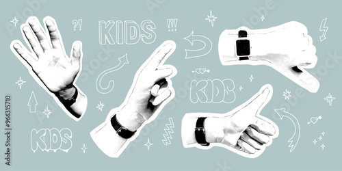 WebCollage of halftone hands with smartwatches on gray background. Retro collage elements for posters, banner, social media. Vector illustration with contour scribbles and words. Modern technic concep
