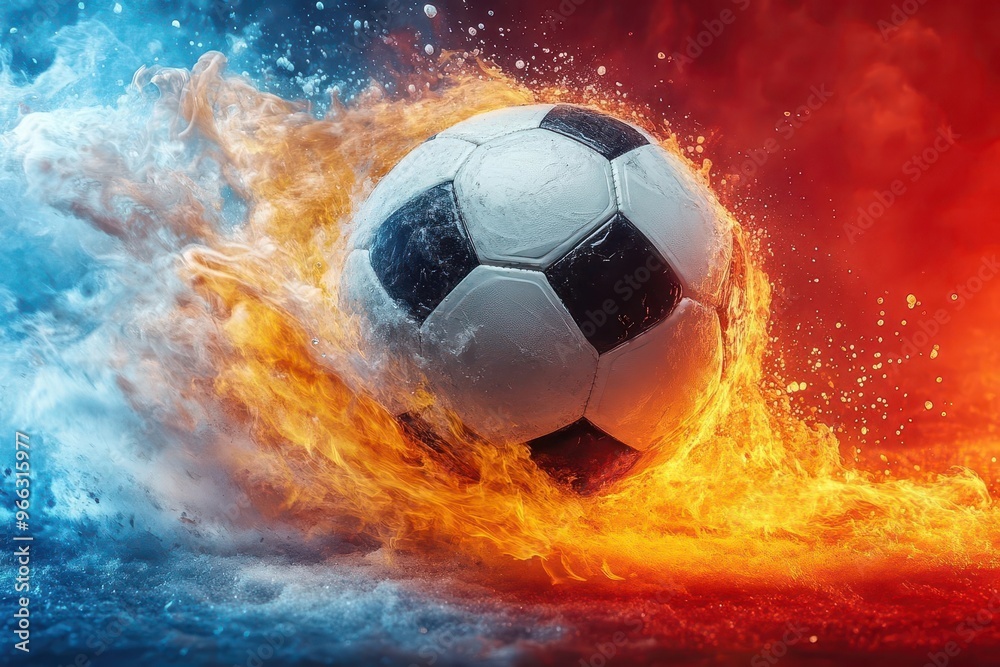 Naklejka premium dynamic soccer ball trailing fire and ice suspended midair against swirling red and blue paint splatter background