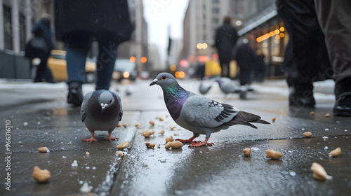 Pigeons search busy city sidewalk for food