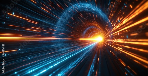 High speed light with blue and orange stripes, this abstract, futuristic technological concept features motion blur and fast forward timeline background