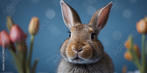 Commercial image of a rabbit with comical makeup on a solid blue studio background.