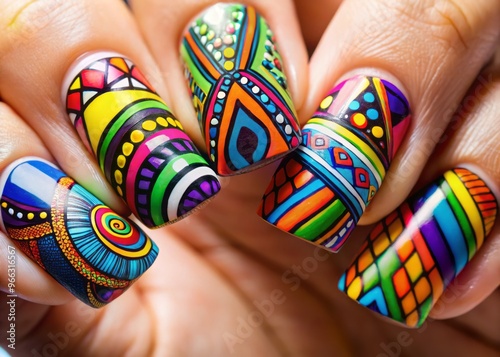 Vibrant multicolored geometric patterns and swirling shapes adorn fingernails in a stunning display of creative nail photo