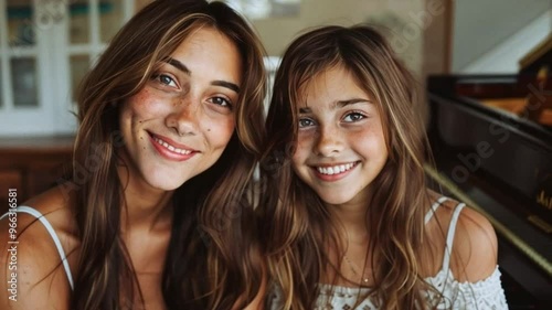 A joyful scene of a beautiful mother and her smiling daughter, both with flowing long hair, facing the camera on a sunny day. 