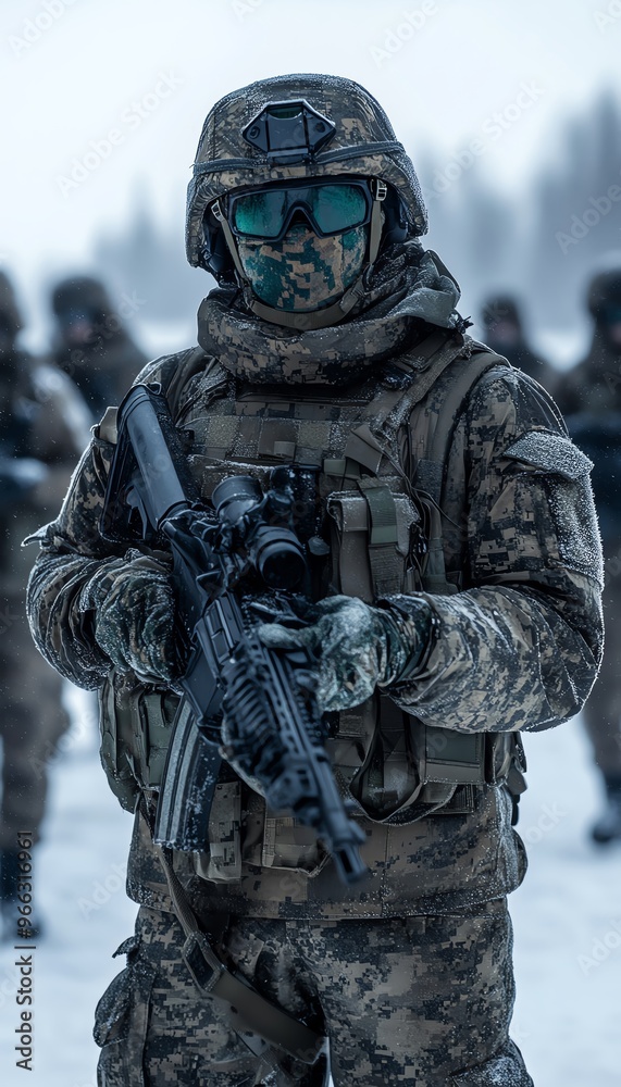 A soldier in winter camo stands ready with a weapon, showcasing modern military gear in a snowy landscape. A soldier in winter camo stands ready with a weapon, showcasing modern military gear in a snowy landscape.