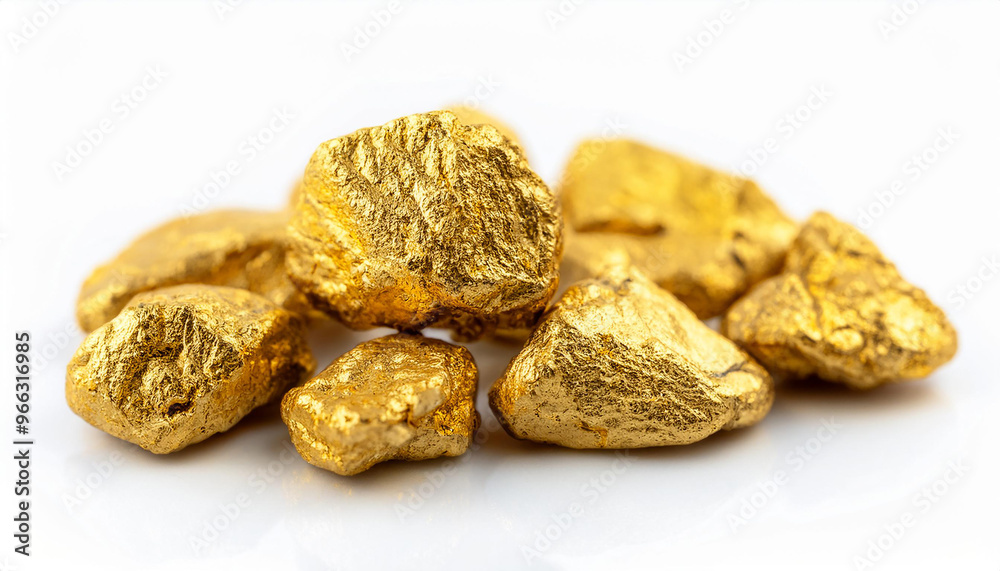 Rough gold stones isolated on white background. Precious metals for jewelry