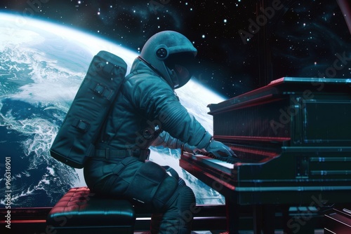 Astranaut in a spacesuit plays the piano in a spaceship overlooking the planet earth. Space and music concept. 3d illustration Astranaut in a spacesuit plays the piano in a spaceship overlooking the p photo