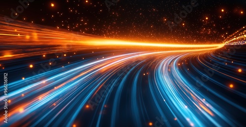 High speed light with blue and orange stripes, this abstract, futuristic technological concept features motion blur and fast forward timeline background