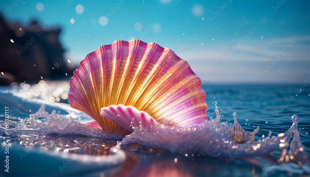 Shell in the surf splashes. Glowing shell in the rays of the setting sun Shell in the surf splashes. Glowing shell in the rays of the setting sun