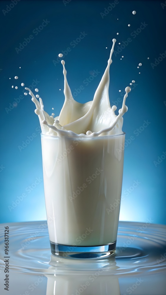 glass of milk with liquid splashes on a vibrant blue surface glass of milk with liquid splashes on a vibrant blue surface