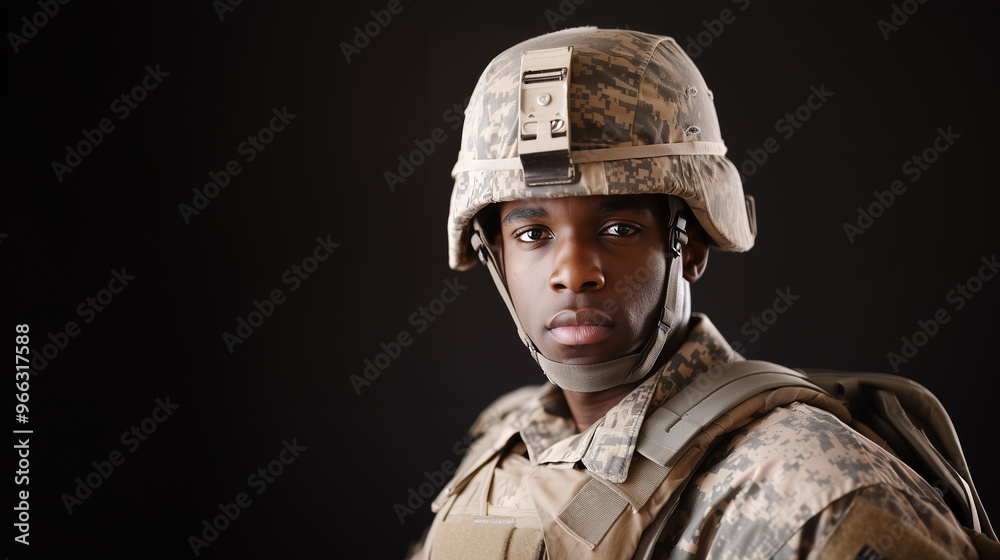 Military Pride: Confident African American Veteran Staring at the Camera with Determination, Highlighting Courage and Honor. photo Military Pride: Confident African American Veteran Staring at the Camera with Determination, Highlighting Courage and Honor. photo