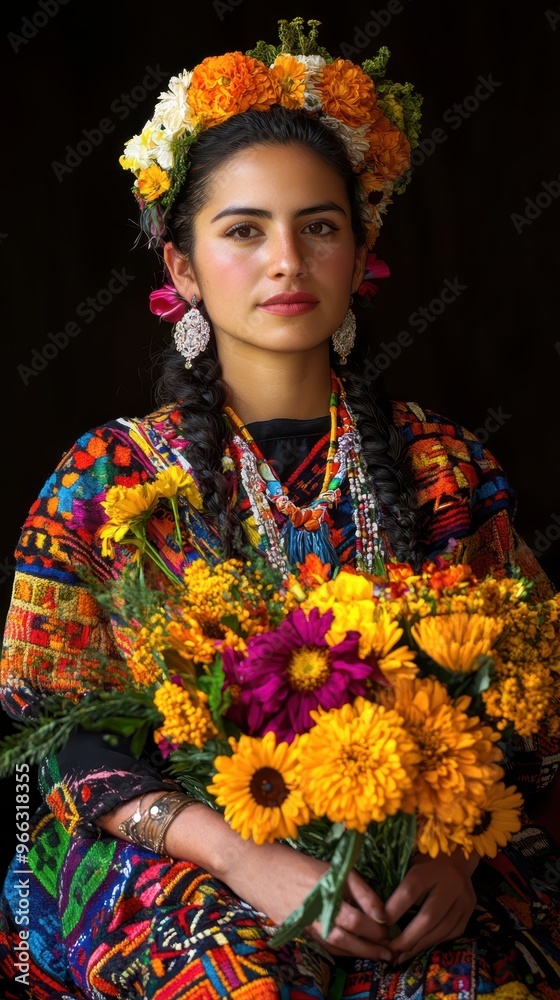 Fototapeta premium a woman in traditional mexican clothing holding flowers