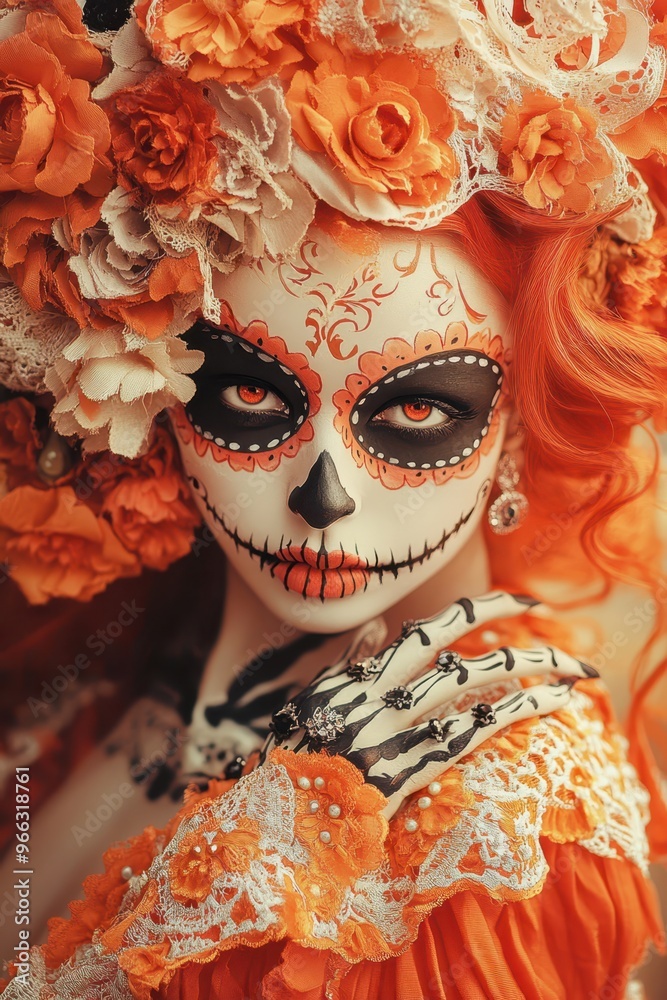 a woman with orange makeup and flowers in her hair a woman with orange makeup and flowers in her hair