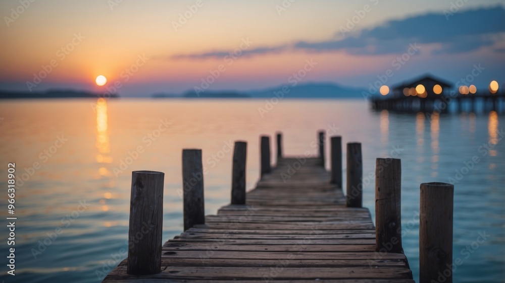 Obraz premium Old wooden pier stretching into a serene blue sea at twilight.