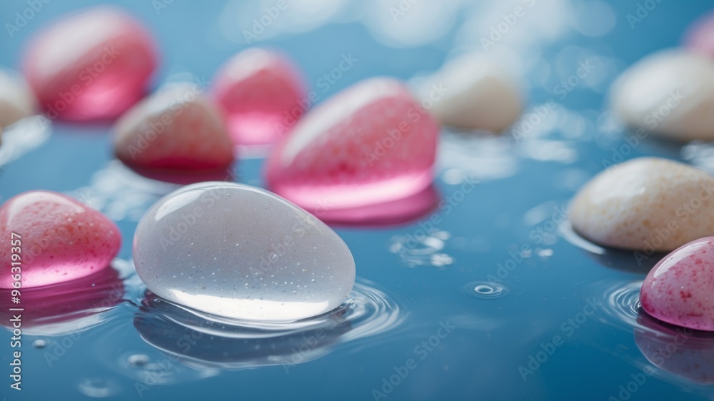 Pink and white stones partially submerged in blue bubbly water. Pink and white stones partially submerged in blue bubbly water.