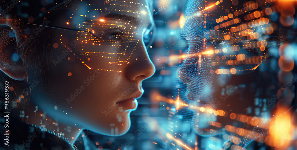 Futuristic man with his tech, Holographic data surrounded him, calculated. Generative AI. Futuristic man with his tech, Holographic data surrounded him, calculated. Generative AI.