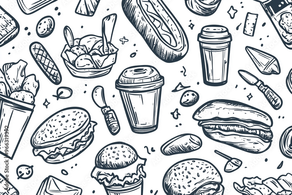 Hand drawn seamless pattern of line art fast food Hand drawn seamless pattern of line art fast food