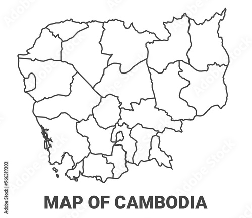 Outline Cambodia map with borders of region vector illustration