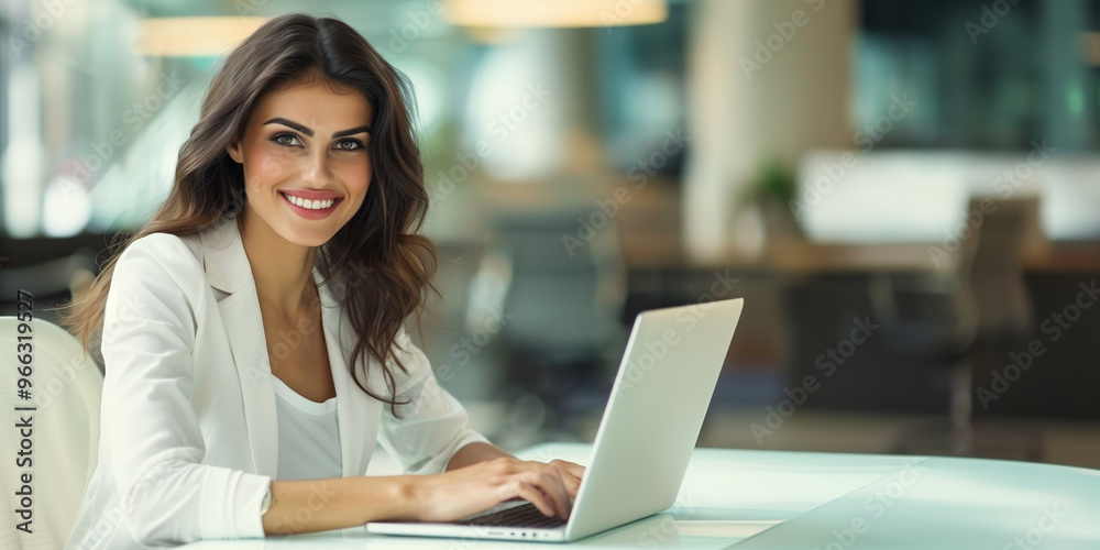 Happy successful businesswoman working on a laptop, smiling woman entrepreneur sitting in the office Happy successful businesswoman working on a laptop, smiling woman entrepreneur sitting in the office