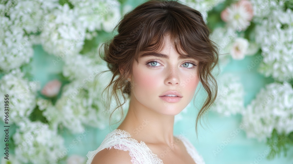 The young woman gazes thoughtfully among lush white flowers, embodying serene beauty The young woman gazes thoughtfully among lush white flowers, embodying serene beauty