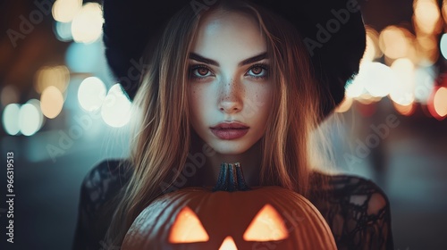 a woman in a witch costume holding a pumpkin photo