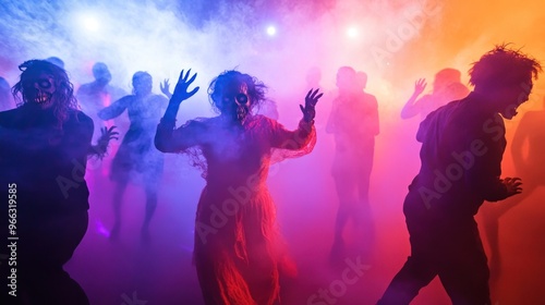 A group of people dressed as zombies dancing amidst colorful fog and lighting effects.