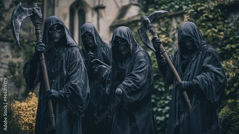 Four hooded figures with skulls and weapons in a dark, eerie setting. Four hooded figures with skulls and weapons in a dark, eerie setting.