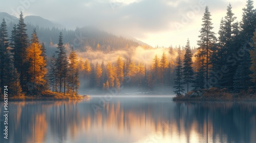 A serene lake mirrors golden leaves and misty mountains during dawn light