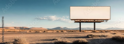 50. A billboard in an expansive open desert with sand dunes and a clear horizon, emphasizing the large white space