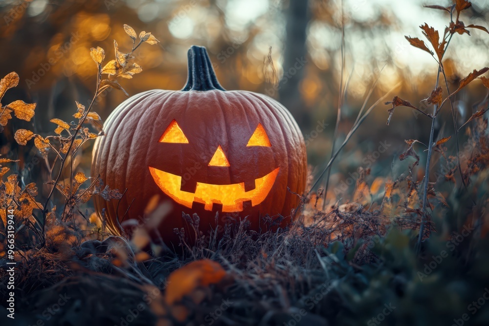 a pumpkin with a face on it is sitting in the grass a pumpkin with a face on it is sitting in the grass