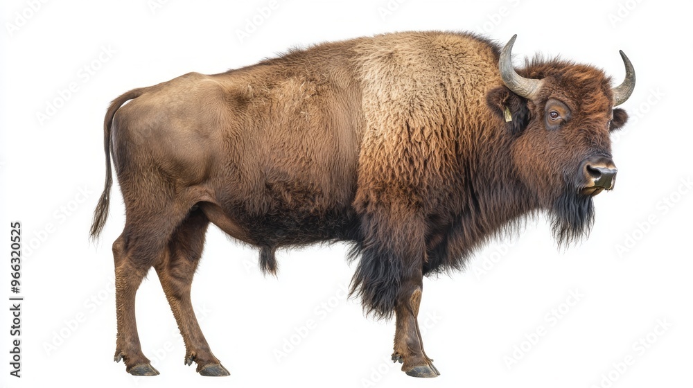 robust European bison stands in profile, proudly displaying its muscular body and thick, shaggy coat, evoking a sense of strength and wild beauty. robust European bison stands in profile, proudly displaying its muscular body and thick, shaggy coat, evoking a sense of strength and wild beauty.