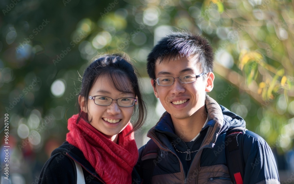 A young academic Chinese couple smiles brightly on a sunny campus day, surrounded by the soft bokeh of nature. A young academic Chinese couple smiles brightly on a sunny campus day, surrounded by the soft bokeh of nature.