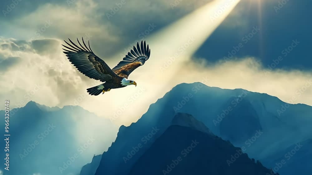 Majestic eagle soaring above misty mountain peaks at sunrise in a breathtaking natural landscape