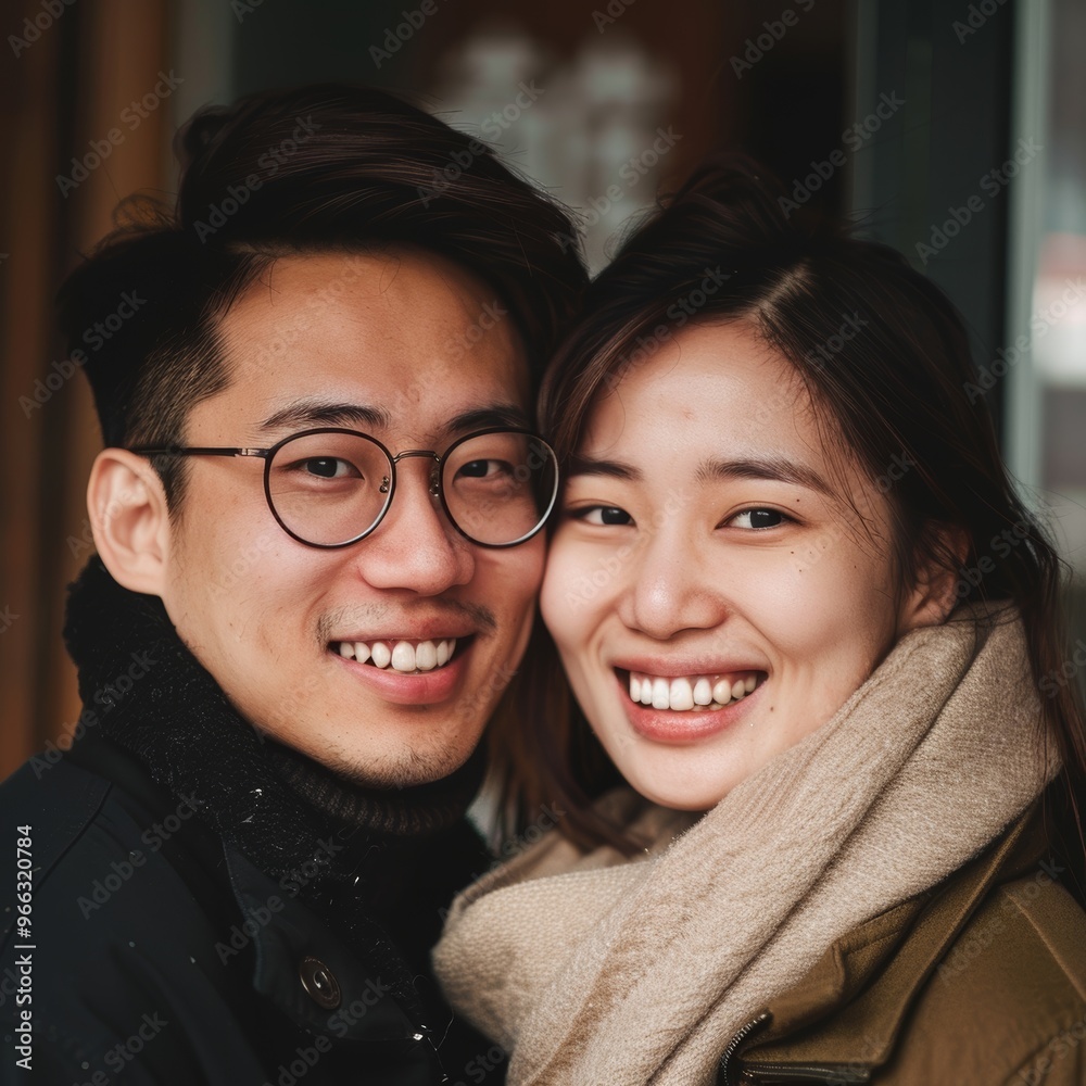 In a winter cityscape, a stylish Chinese couple poses with an air of casual elegance. Their cozy scarves and radiant smiles speak to a chic urban warmth. In a winter cityscape, a stylish Chinese couple poses with an air of casual elegance. Their cozy scarves and radiant smiles speak to a chic urban warmth.