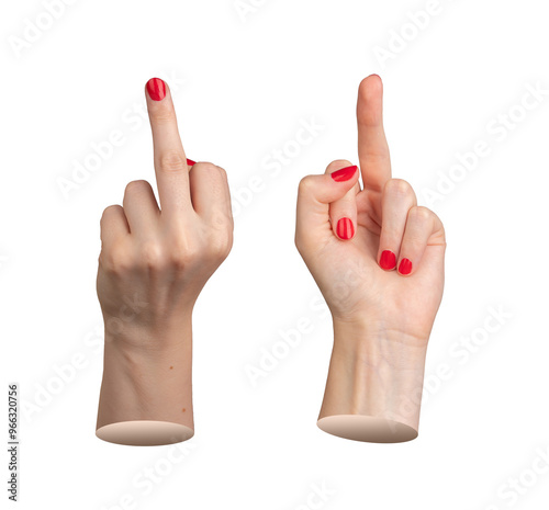 Rude gesture, middle finger symbol, hand sign isolated on white background. photo