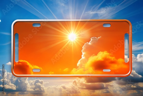 Vibrant orange sun shines down on a blank Florida state license plate template, perfect for customization, against a photo