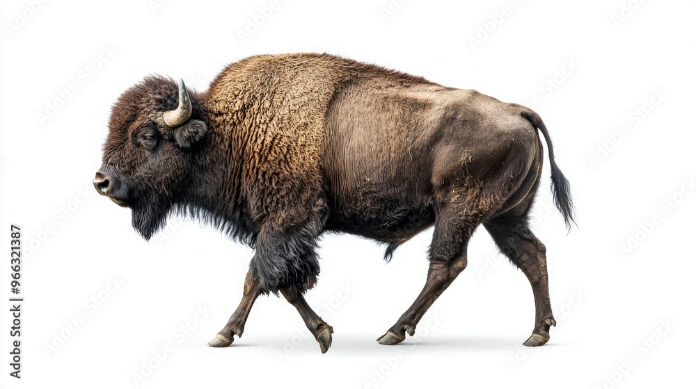 European bison walks with a commanding presence, highlighting its robust build and distinctive head. The striking isolation emphasizes its natural beauty and strength. European bison walks with a commanding presence, highlighting its robust build and distinctive head. The striking isolation emphasizes its natural beauty and strength.