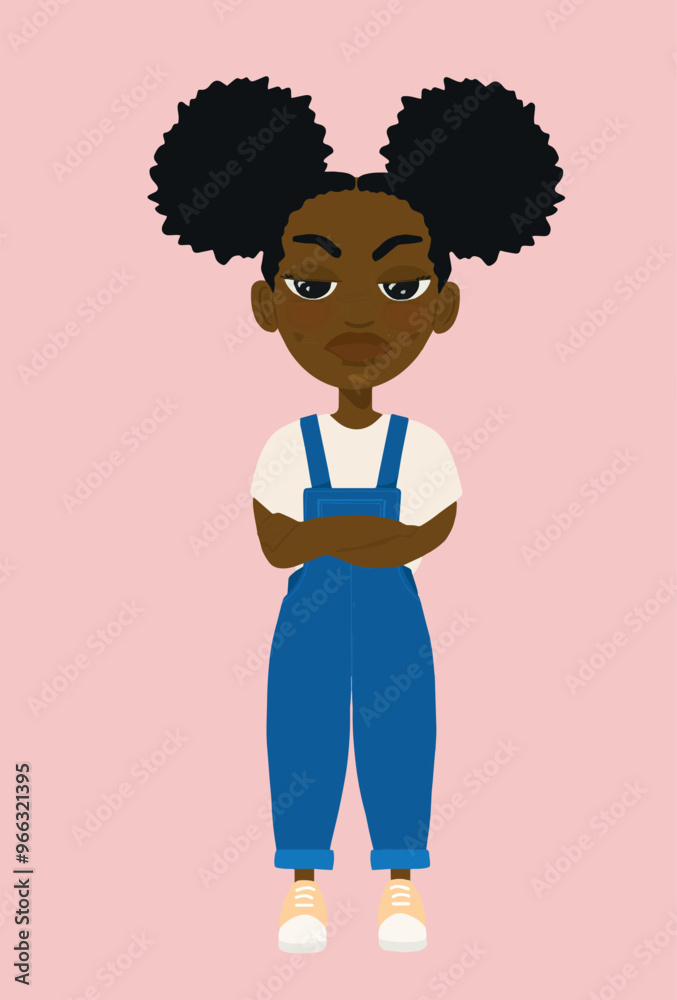 Petite fille noire afro couettes salopette en colère bras croisés vecteur