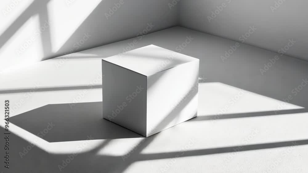 A minimalist white cube casting shadows in a bright room with soft lighting