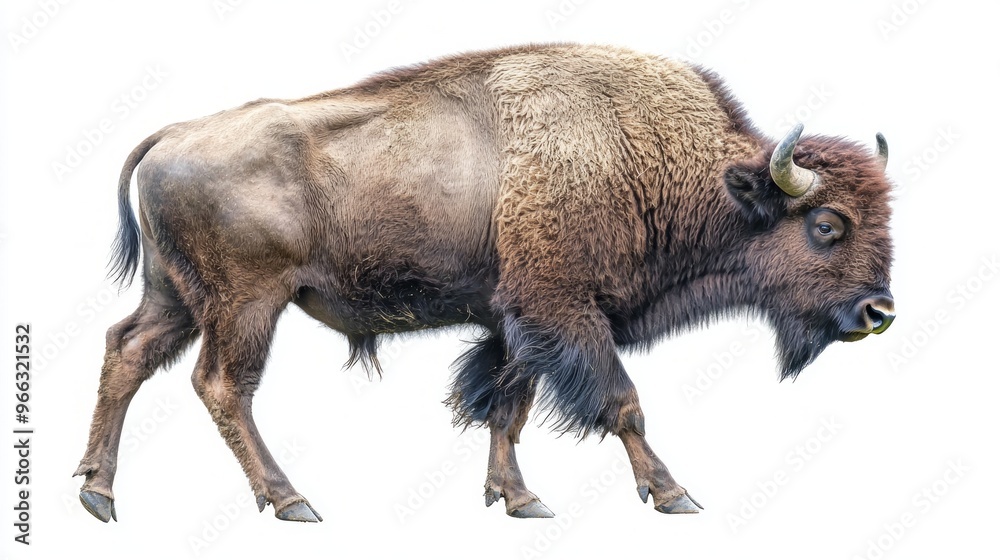 European bison walks gracefully, displaying its robust body and large head against a stark white backdrop, embodying strength and beauty in motion. European bison walks gracefully, displaying its robust body and large head against a stark white backdrop, embodying strength and beauty in motion.