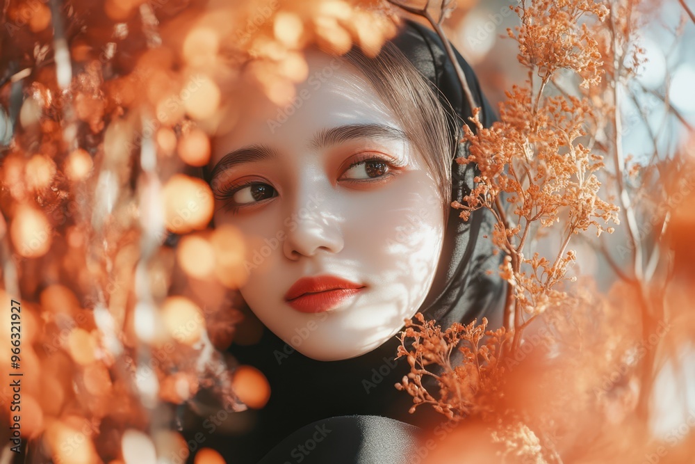 a woman with red lips and black hair is surrounded by orange leaves a woman with red lips and black hair is surrounded by orange leaves