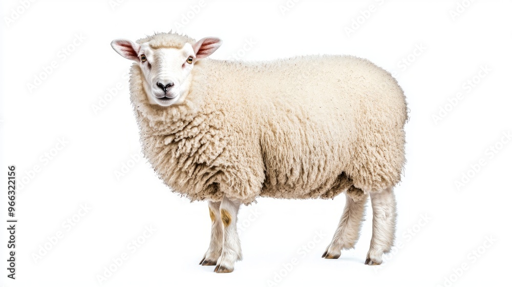 adorable sheep, with an abundance of fluffy wool, gazes directly forward, creating a charming moment of connection against a clean, white background. adorable sheep, with an abundance of fluffy wool, gazes directly forward, creating a charming moment of connection against a clean, white background.