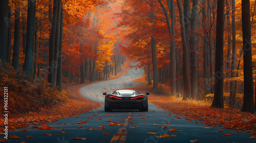 a sports car driving down a road in the fall