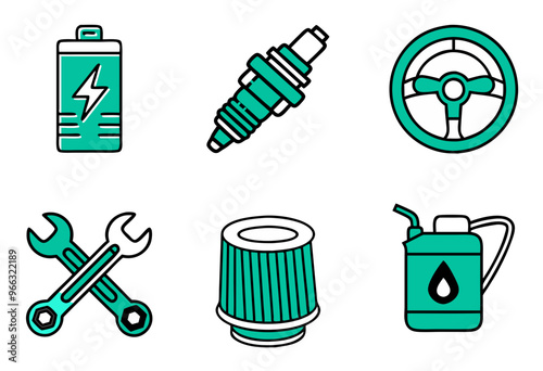 Car repair tools and parts in turquoise style