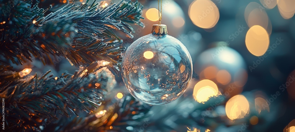 Festive Christmas Tree with Glass Ornaments, Shimmering Tinsel, and Glowing Lights - Holiday Decoration