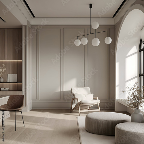 Aesthetic elegant modern iinterior design with classic elements. Clear mock up empty wall for decoration in the apartment. Copy space in the room with moldings. Neutral palette of natural colors