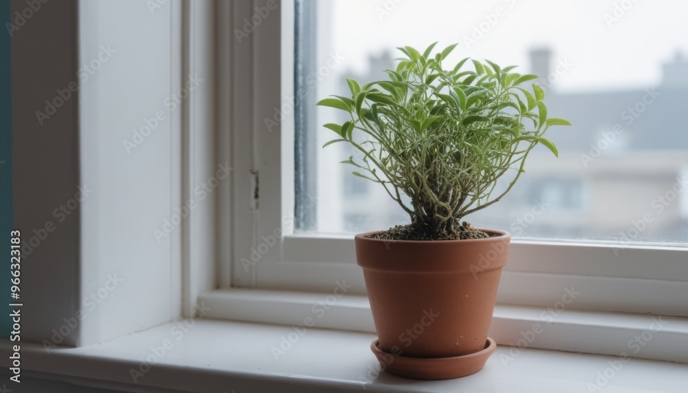 Fototapeta premium A terracotta pot with a green plant on a white window sill