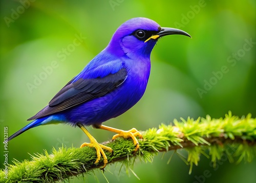 Vibrant purple Hawaiian honeycreeper with yellow belly and green back perches on a lush green branch, showcasing its photo