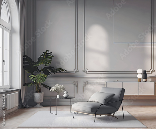 Aesthetic elegant modern iinterior design with classic elements. Clear mock up empty wall for decoration in the apartment. Copy space in the room with moldings. Neutral palette of natural colors photo