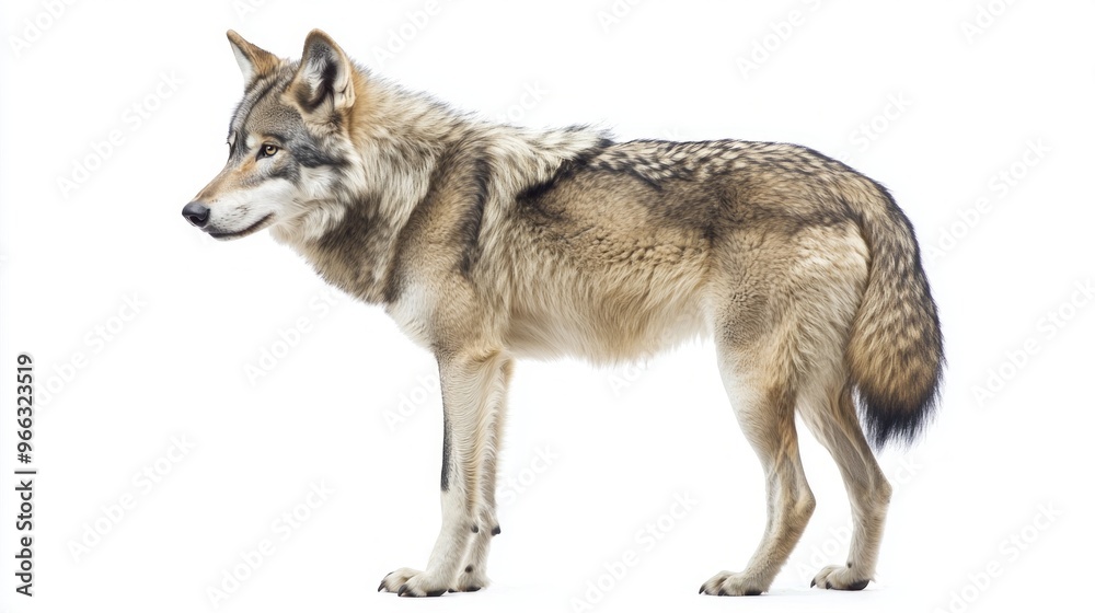 Fototapeta With its ears perked up and stance poised, the grey wolf exudes an aura of alertness, highlighting the intricate details of its fur while set against a pure white background.